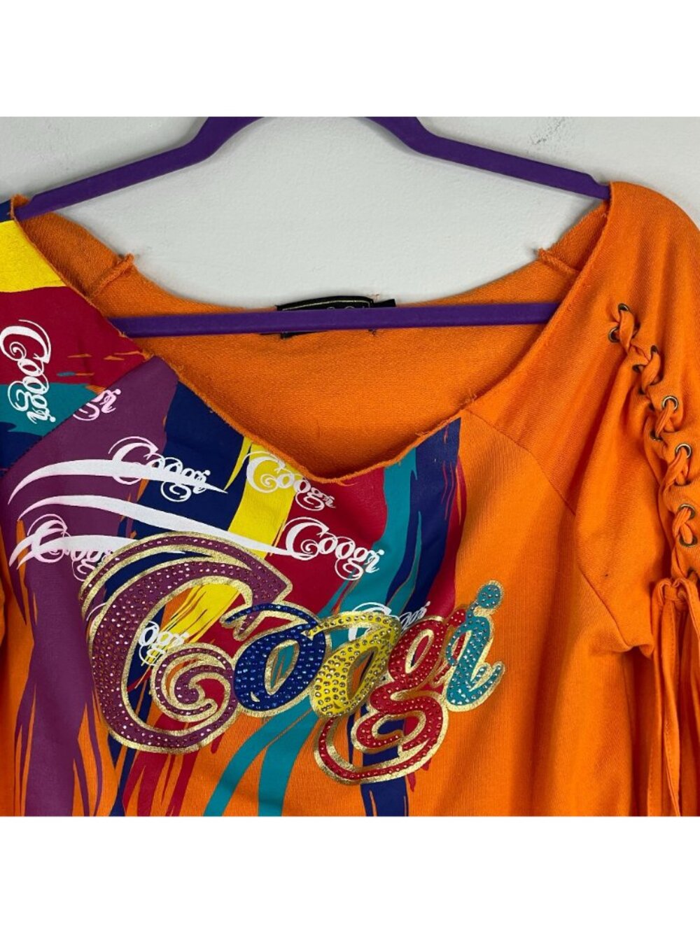 Coogi Knit Top Womens XLarge Urban Hip Hop Raw Edge Neck Tie Detail Big Logo - Picture 5 of 16